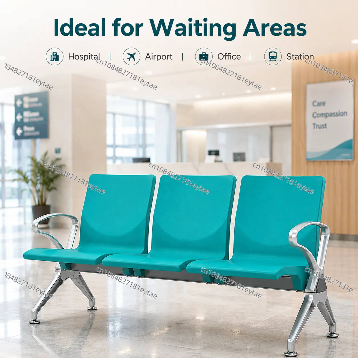 3-Seater PU Waiting Bench Chair, Heavy Duty Airport Hospital Lobby Seating, Aluminum Armrests Metal Frame