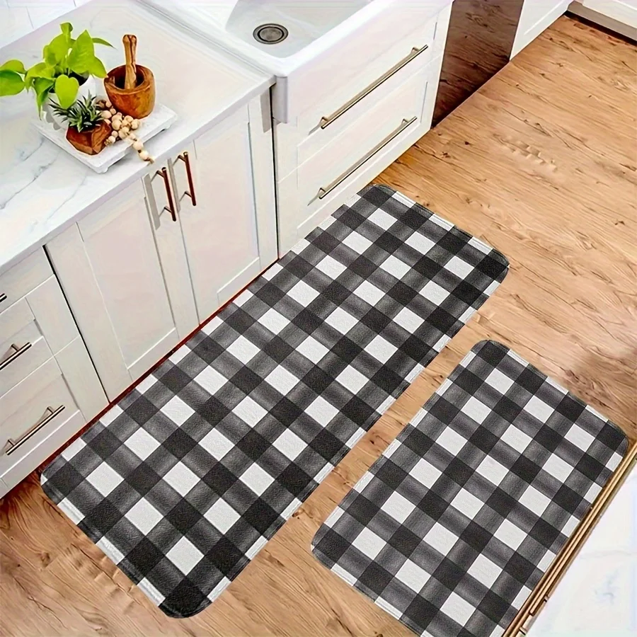 2/3pcs Modern Farmhouse Grid Kitchen Mats for Floor Anti-Skid Kitchen Rug Mats, Kitchen Mats for Standing, Washing, Comfortable Desk Kitchen Runners