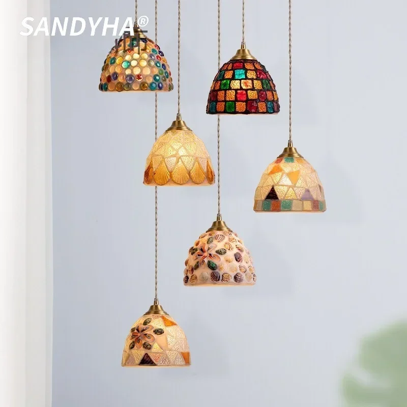 

SANDYHA Nordic Colored Pendants Light Vintage Glass Chandeliers LED Hanging Lamps For Bedroom Living Room Study Home Decoration