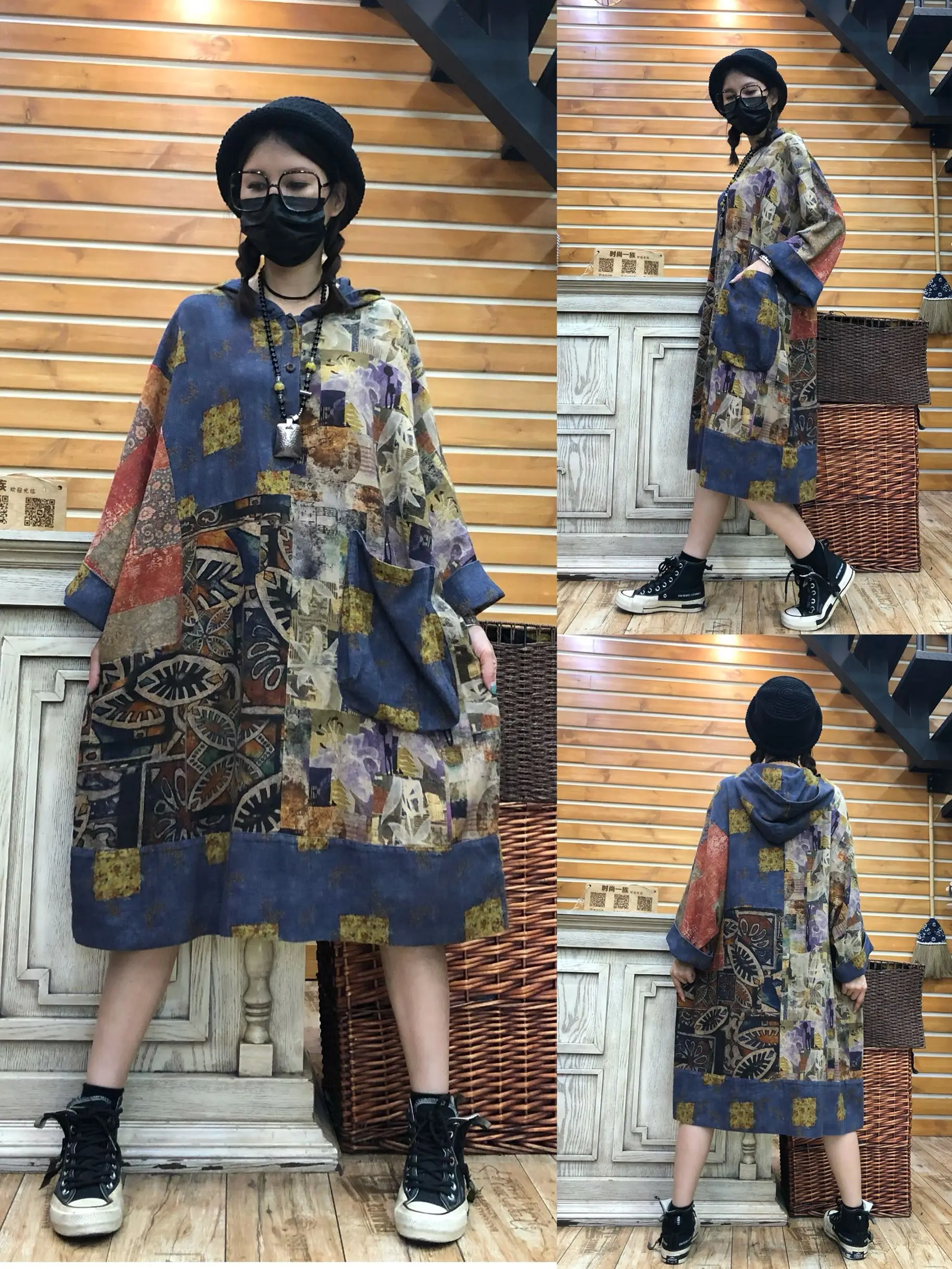 

Spring Large Size Loose Cotton Linen Print Dress Women's Ethnic Style Hooded Midi Skirt Fashionable Meat Covering Dress
