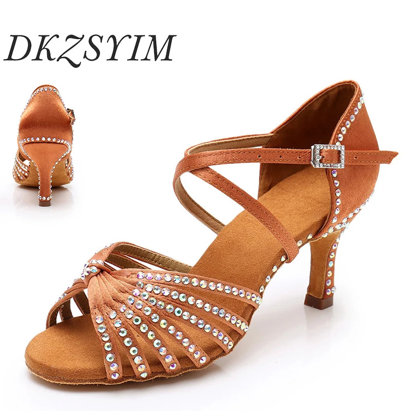 DKZSYIM Women Latin Dance Shoes Ballroom Tango Rhinestones Sneakers Dance Shoes Girls Ladies Salsa Sandals High Heels 6/7.5cm