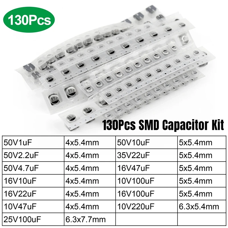 130 tape SMD aluminum electrolytic capacitor bag kit, 13 specifications, resistance value 4.7uF-220uF