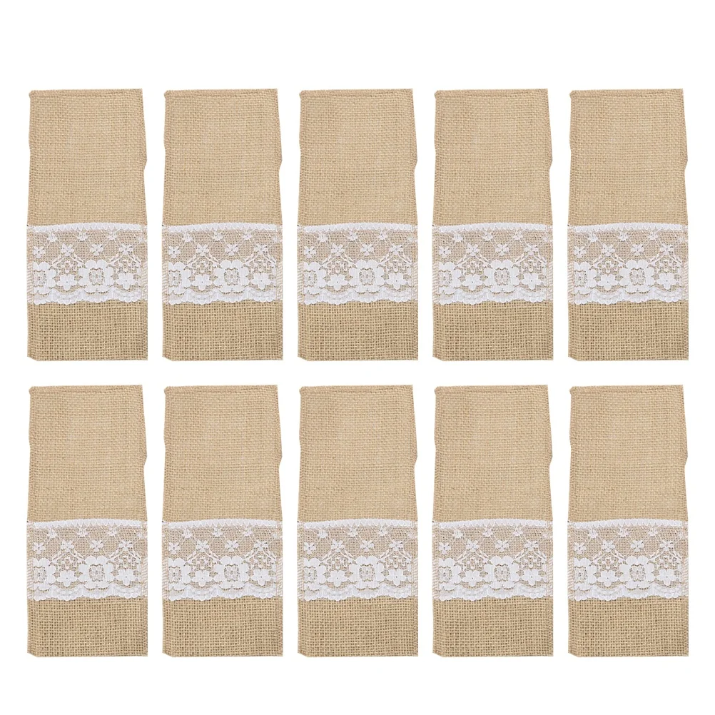 

10 Pcs Bag Tableware Cover Lace Fork Vintage Tableware Cover Holder Jute Serving Pocket Rustic Home Decor Christmas Birthday
