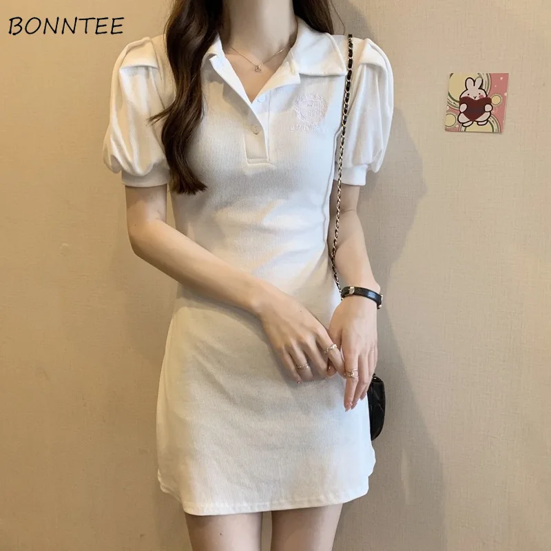 

Puff Sleeve Dresses Women Turn-down Collar Korean Fashion Streetwear College Sweet Spicy Girls Casual Daily Summer Mini Vestidos