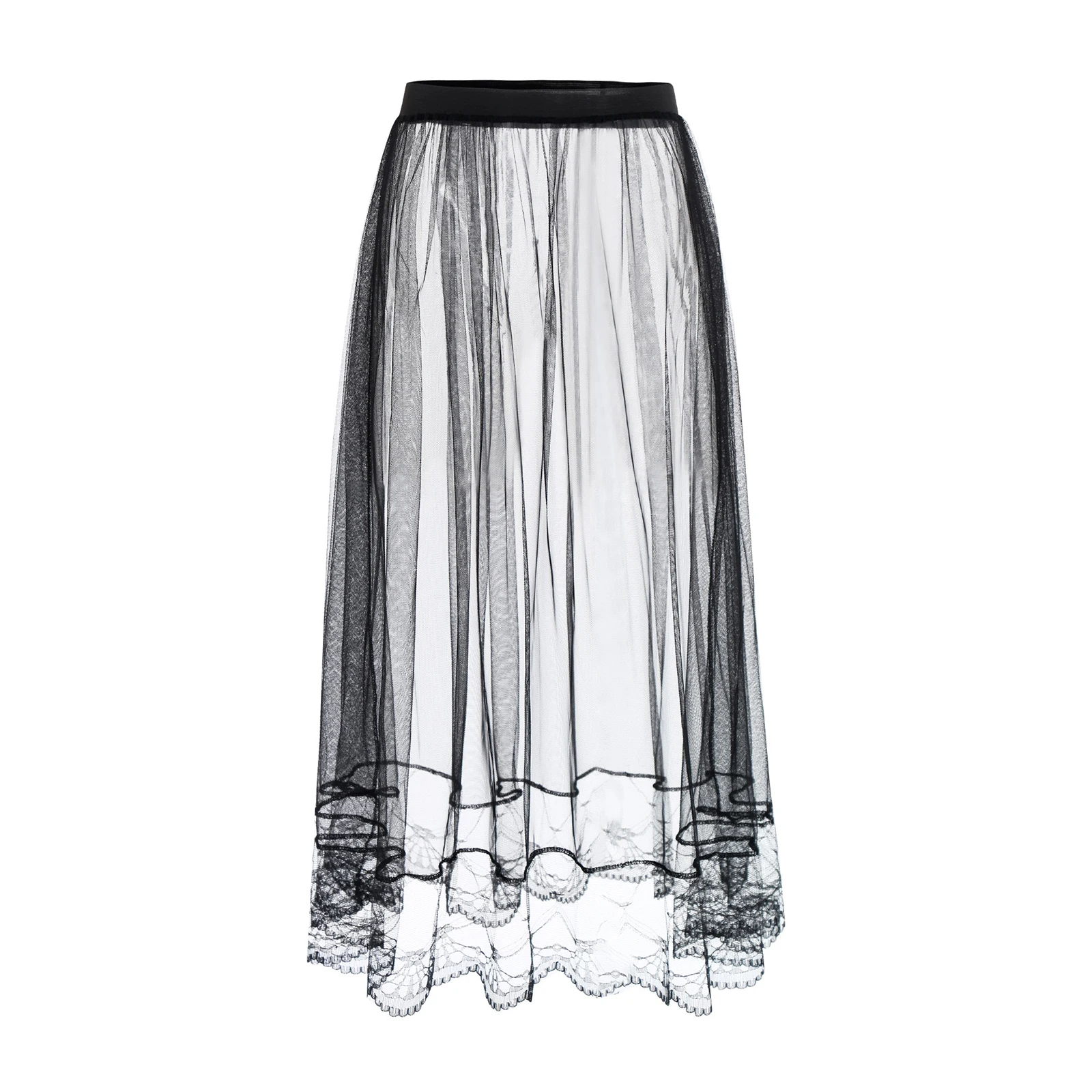 

Sexy Womens Summer Sheer Mesh Cover Up Skirt Elastic Waistband Lace Trim Midi Tulle Skirt Solid Slip Overlay Skirt for Layering