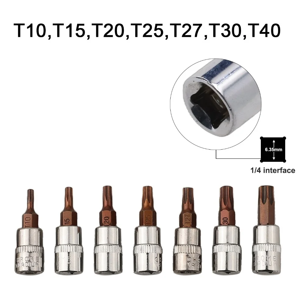 7pcs Screwdriver Bits 1/4In Drive Socket Head T10-T40 Socket Adapter Hand Tools For Electronic Device Repairs Electrical Work