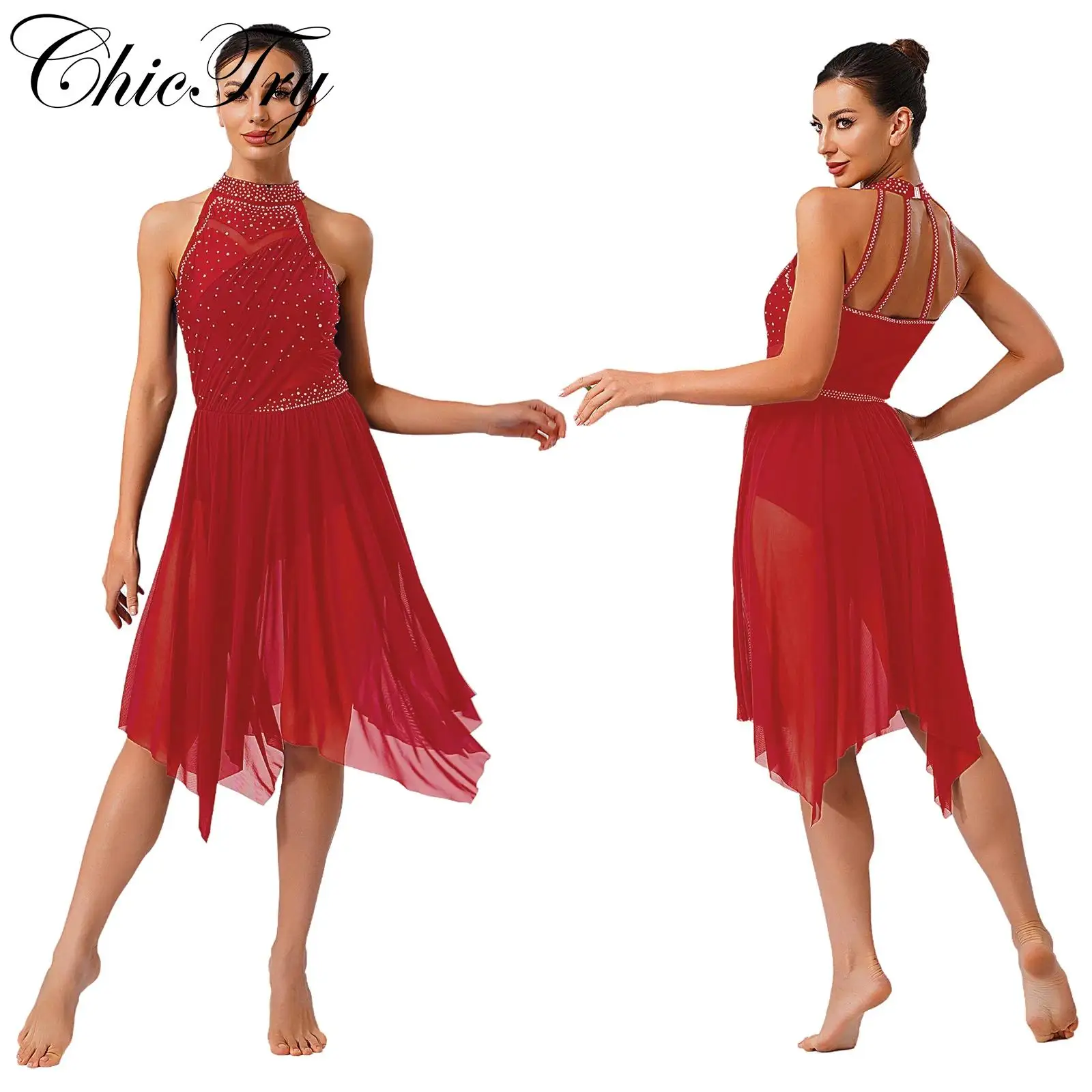 

Womens Lyrical Dance Dress Figure Skating Dancewear Rhinestone Ballet Gymnastics Leotard Dress for Dance Competition Costumes