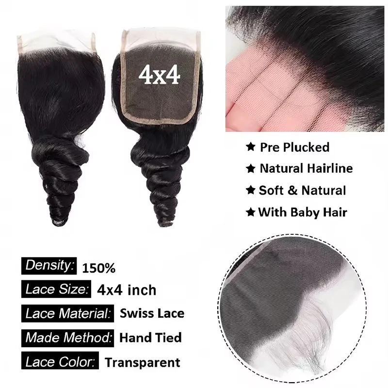 4X4 Loose Wave Lace Closure Brazilian Remy Human Hair Ear to Ear 13x4 Lace Frontal Closure Natural Color 8-20 Inch For Women
