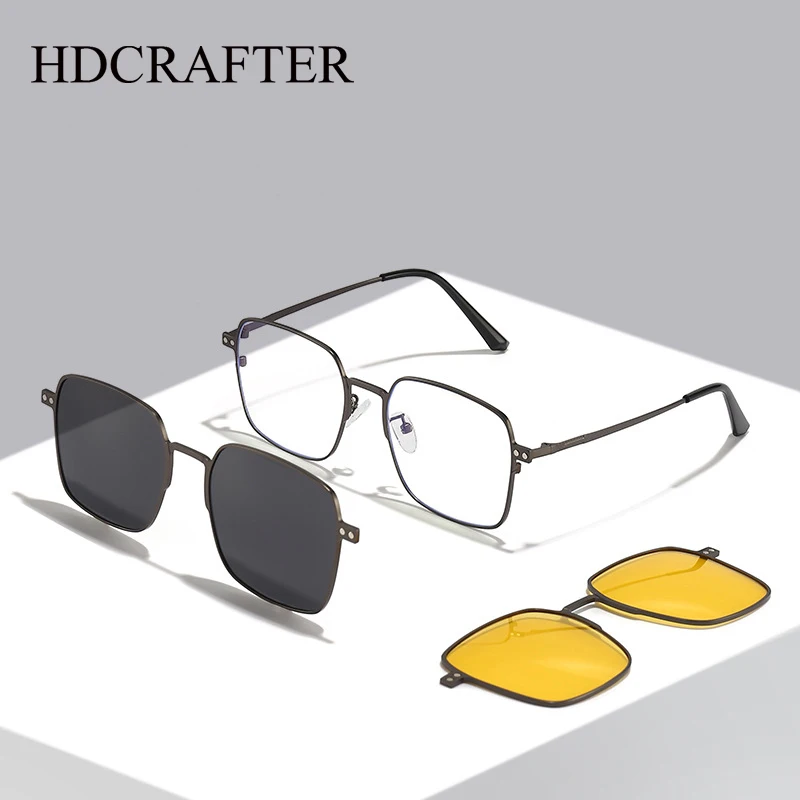 

HDCRAFTER 3 in 1 Magnet Clip on Sunglasses Polarized Square Optical Prescription Glasses Frame Men Women Computer Eyeglasses