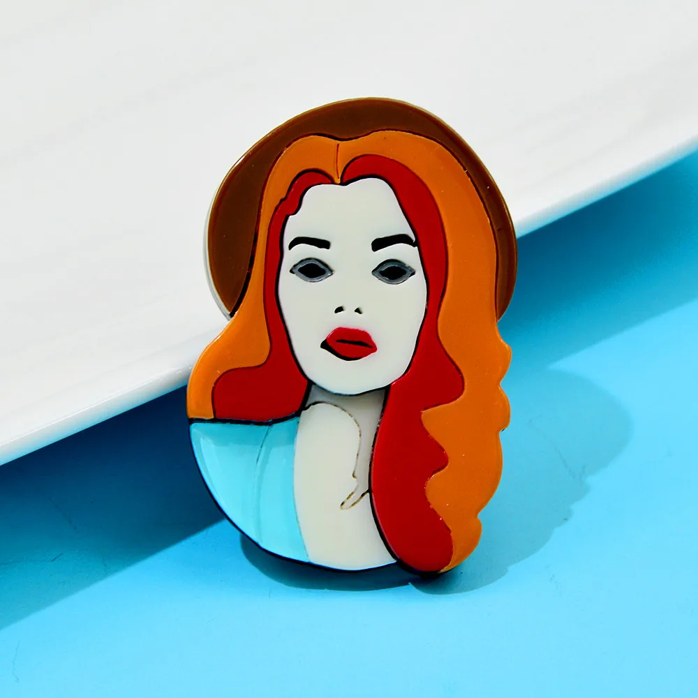 CINDY XIANG Acrylic Beautiful Girl Portrait Brooch Red Hair Wear Hat Pin Aceteate Fiber Jewelry New Design 2022
