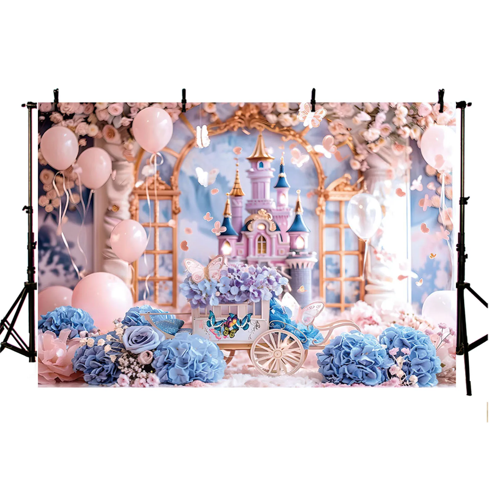 AIBIIN Castle Photography Backdrop Pink Princess Girl Portrait Background Balloons Flowers Photo Birthday Party Decorations