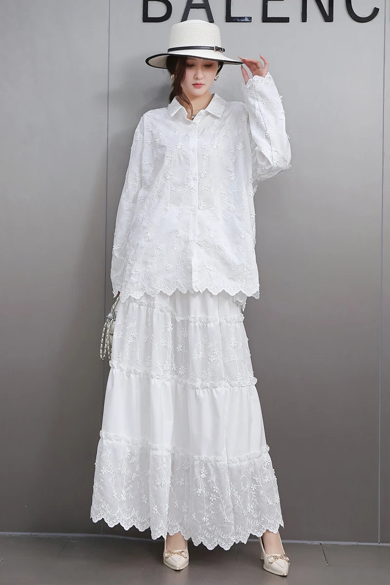 

2025 Spring New Fashion Elegant Set Women Loose Lace Long Sleeve Shirt Female A-Line Skirt Two-piece Set J668