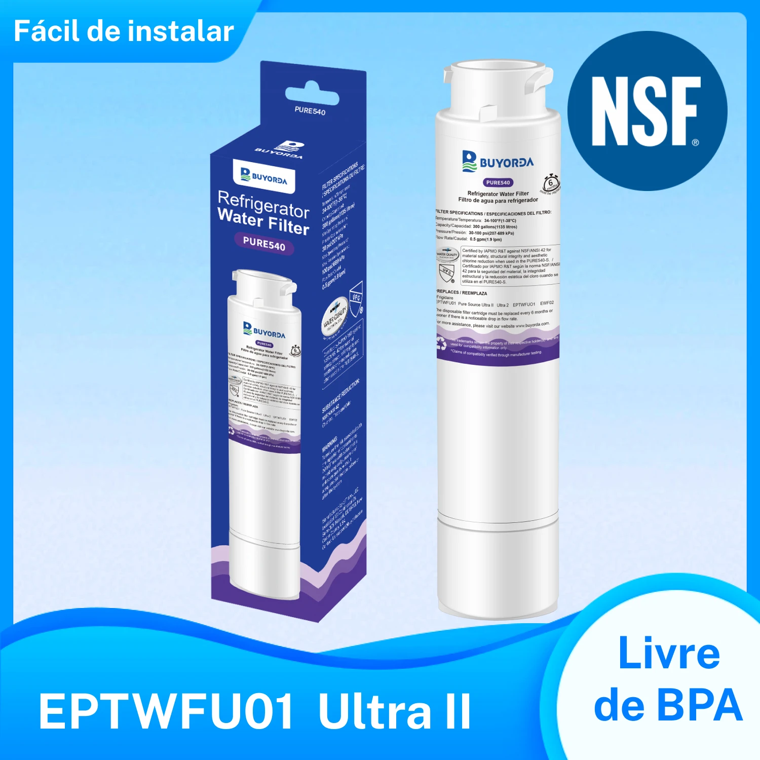 Substituição De Filtro De Água Para EPTWFU01, Compatível Com for Frigidaire EPTWFU01 EWF02 Pure Source Ultra II 4562222