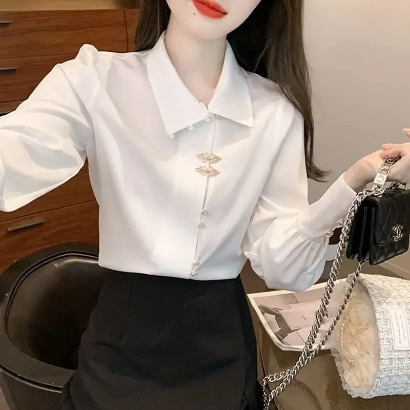 

Women Spring Summer Elegant Temperament Solid Color Long Sleeve Chiffon Shirts Ladies Fashion Trend All-match Office Lady Tops