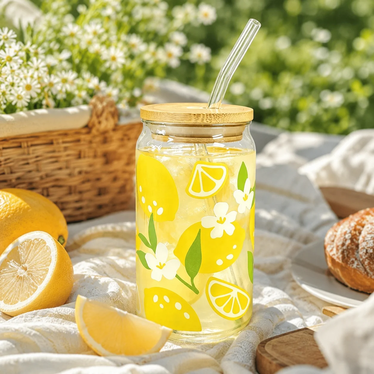 Lemon Plastic Tumbler Cute Reusable Plastic Cup with Bamboo Lid Straw Large Capacity Iced Coffee Juice Cup for Women Home Office