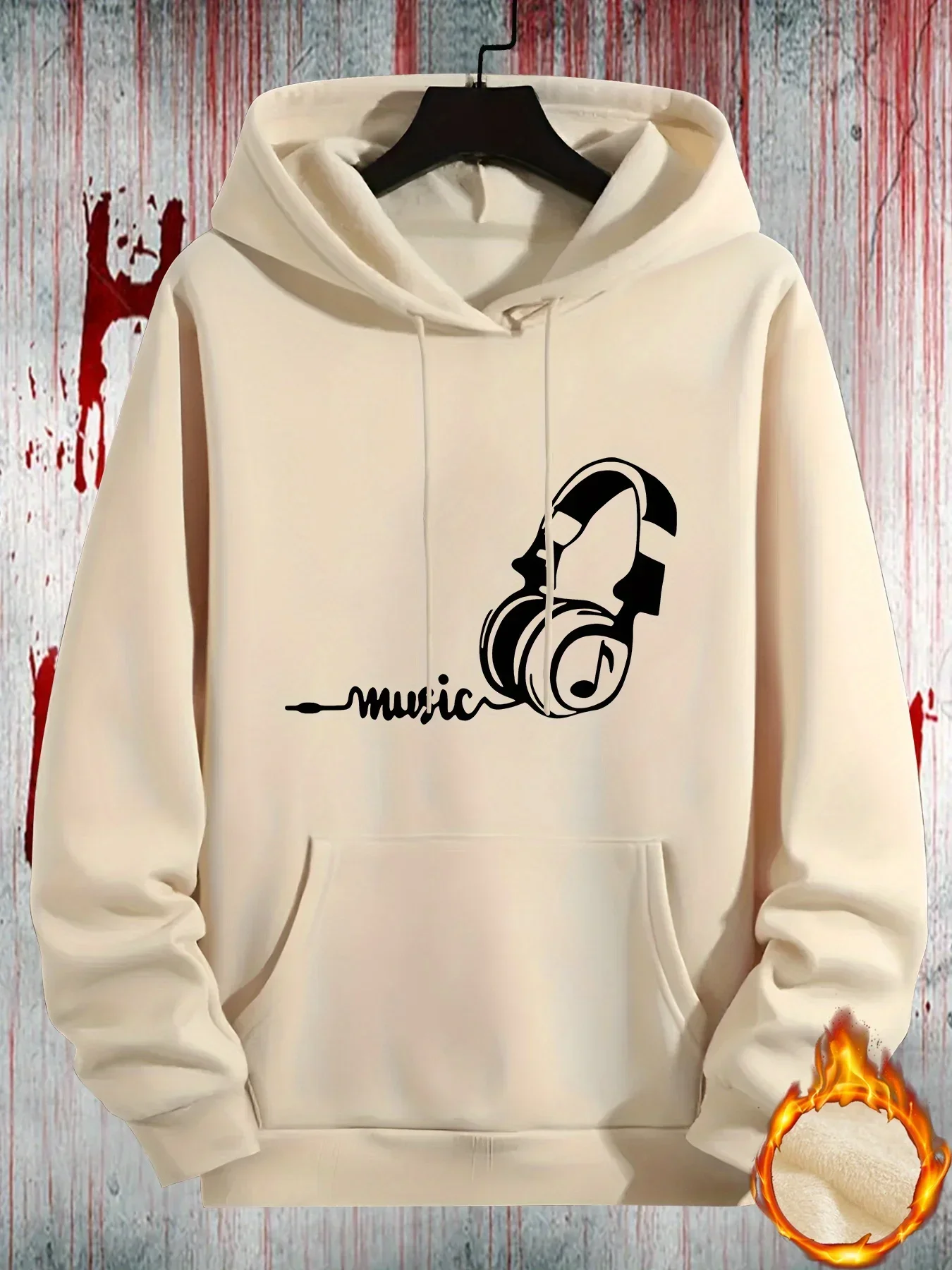 Headphone Print Element Hoodie, Cool Hoodie, Lady Casual Pattern Design Pullover Sweatshirt WithKangaroo Pocket, Street Fashion