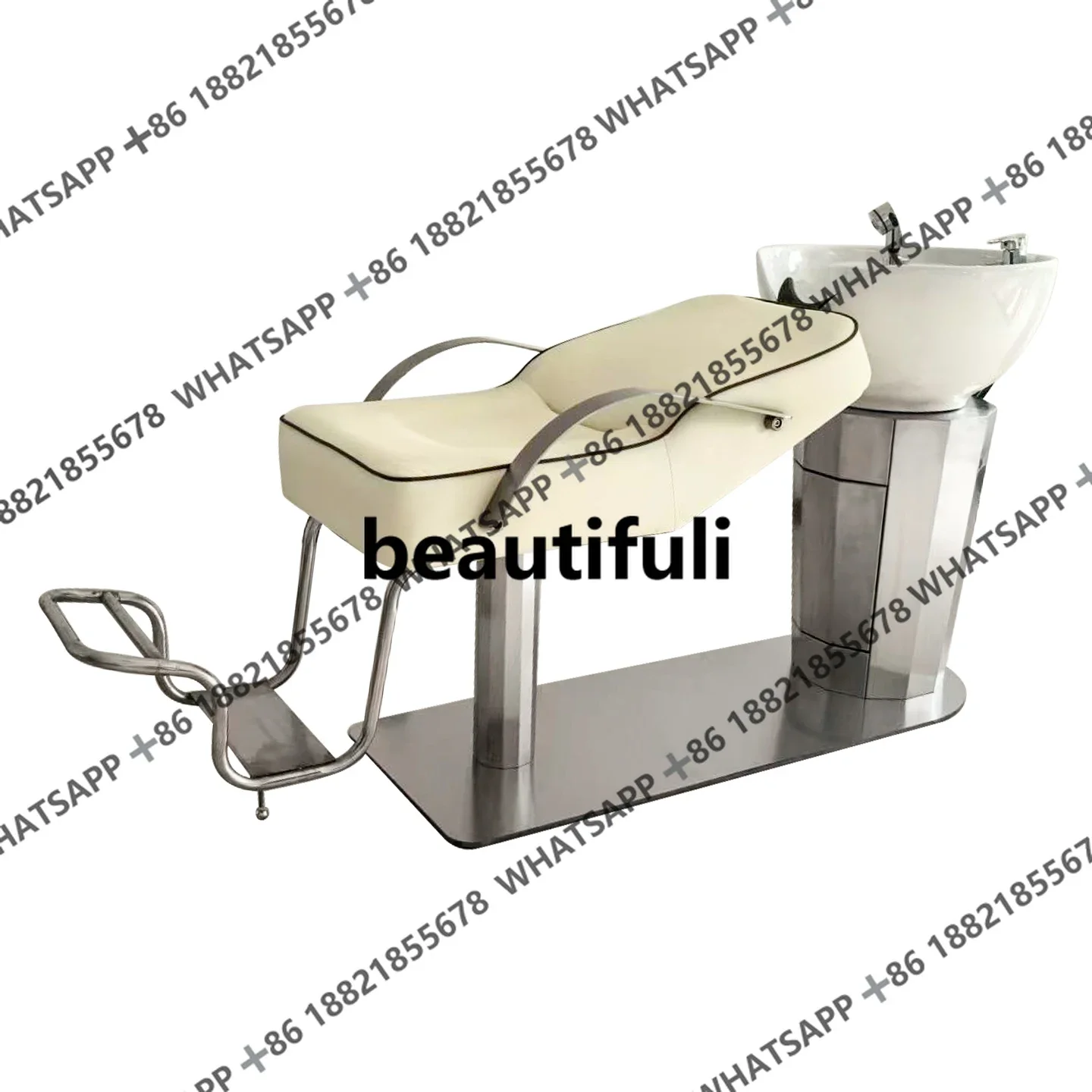 سرير شامبو، محل حلاقة جديد، سرير شامبو نصف مستلق، حوض سيراميك من الفولاذ المقاوم للصدأ، سرير شامبو فلوش