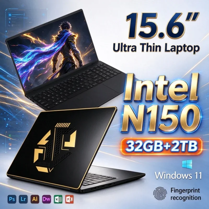 15.6'' Inch Portable Laptop Ultra Slim Intel N150 Windows 11 32GB RAM 1TB/2TB SSD 1920x1080 HD Gaming Business Study Notebook PC