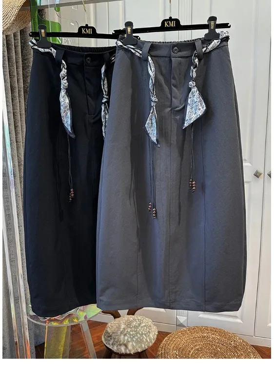 

Loose A-Line Skirt with Silk Scarf Waist Belt Pure Color Elastic Waist Faionable f-length Skirt for Women Casual Cotton