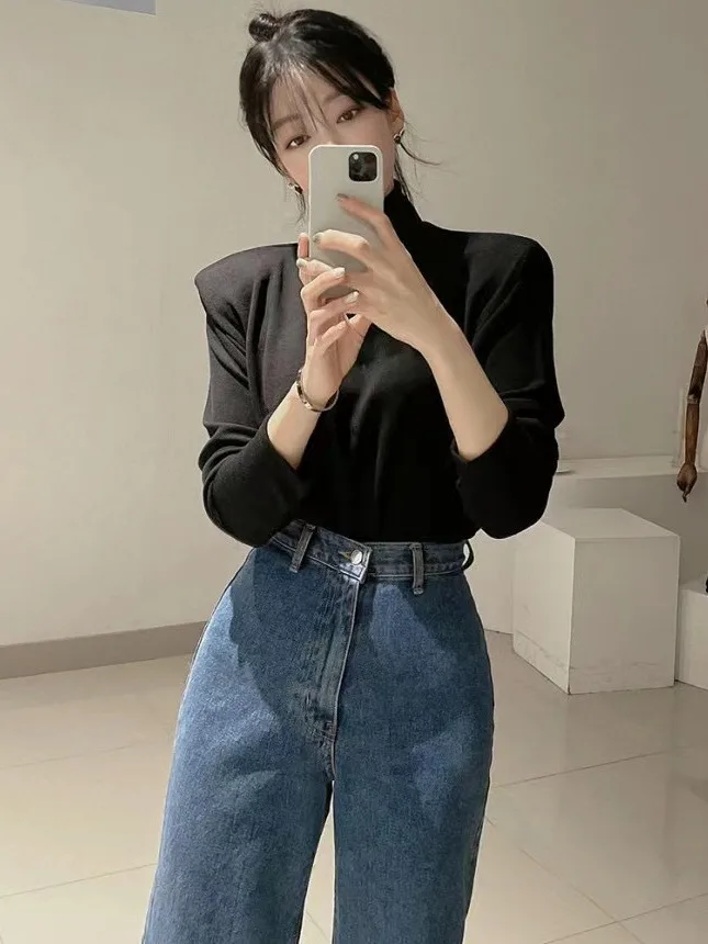 Chic Retro Padded oulder High Collar Long Sve T-irt Women's Faionable Versatile Base Layer Top Commute Sle Slim Fit