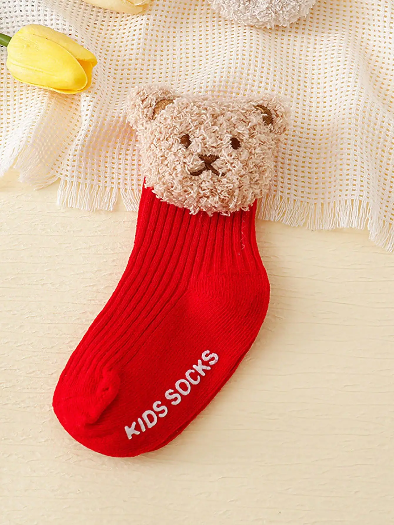 2/4Pairs Baby Anti Slip Floor Knee High Socks Fluffy Bear Decor Ribbed Toddler Socks 0-2Y Soft Stretch Spring Autumn Indoor Wear view 4