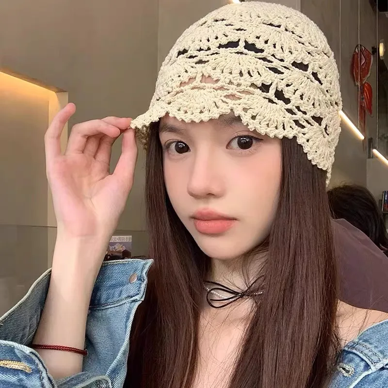 Women Vintage Lace Hollow Knit Beanie Summer Lightweight Handmade Breathable Fisherman Skull Cap Korean Ins Fashion Basin Hat