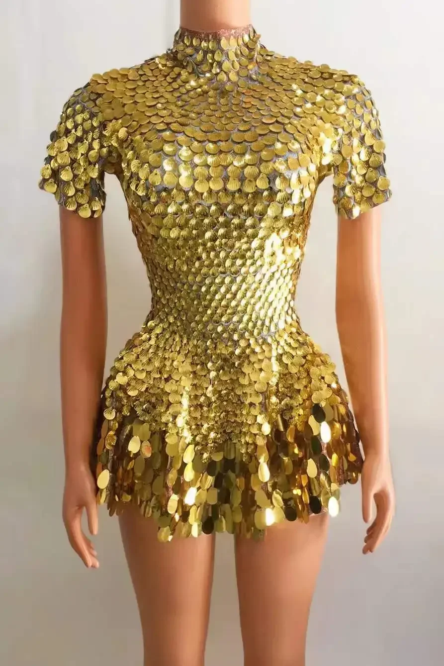 

Women Sparkly Shell Sequin Short Sleeve Bodysuits Dressy Party DS Gogo Stage Wear