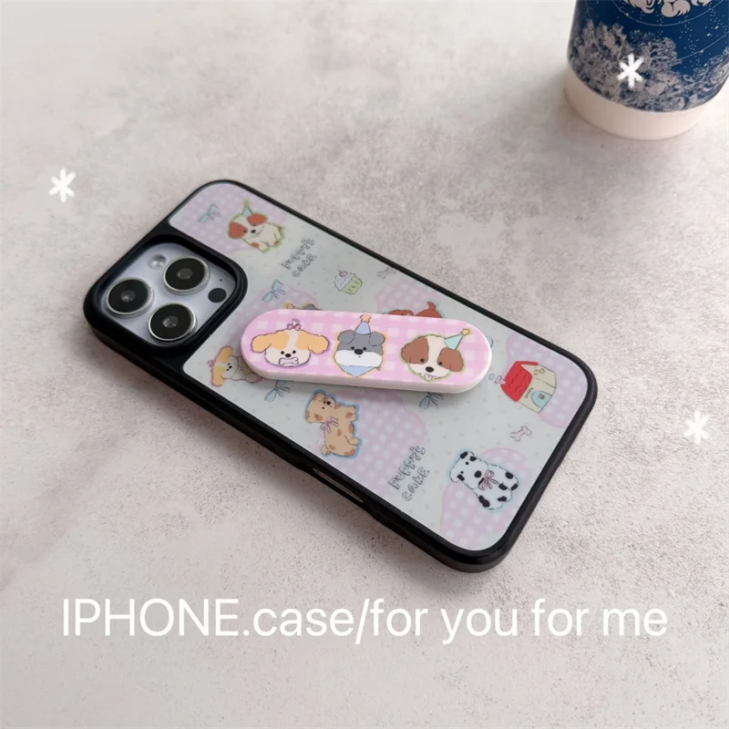 귀여운 강아지 아이폰 16 Pro 14 15 Pro Max 폰 케이스, 스탠드 홀더가 있는 카와이 만화 충격 방지 하드 케이스