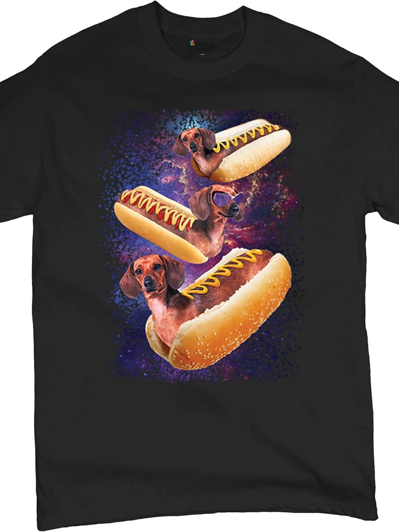 Funny Space Dachshund T-Shirt: Hilarious meme of a dachshund hot dog, a cute and quirky cosmic men's T-shirt dedicated to cool animal lovers and pet owners