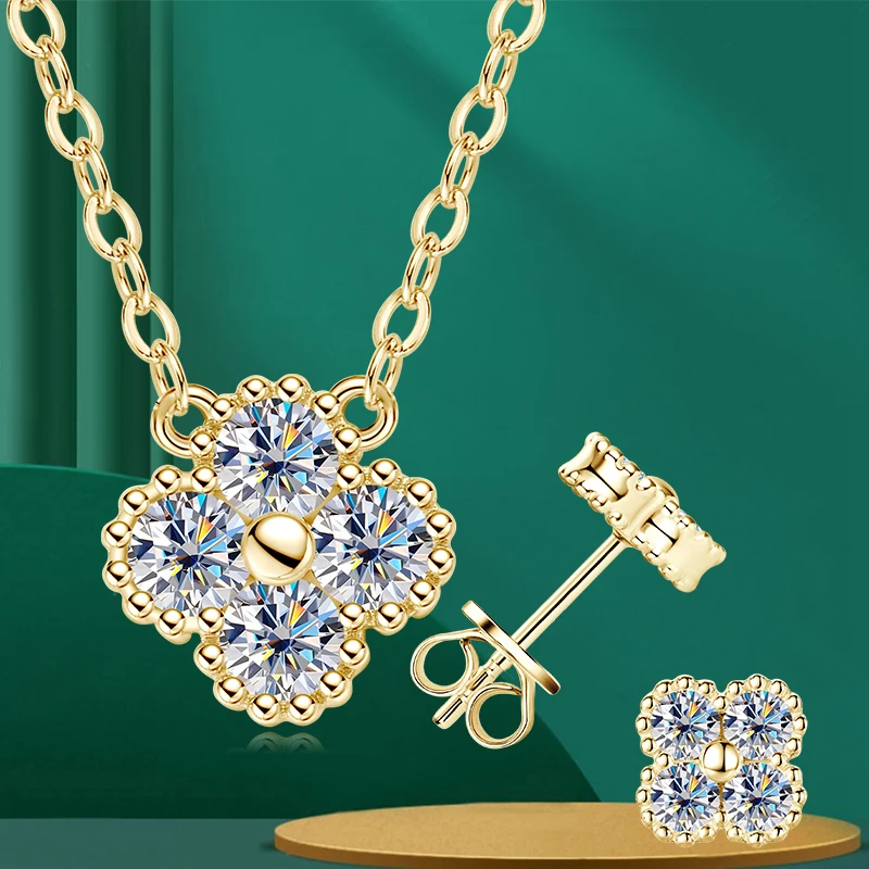 

Lnngy 925 Certified Silver Chains Four Leaf Flower Pendant Necklaces 3mm 0.1ct Moissanite Necklace Stud Earring Jewelry Set
