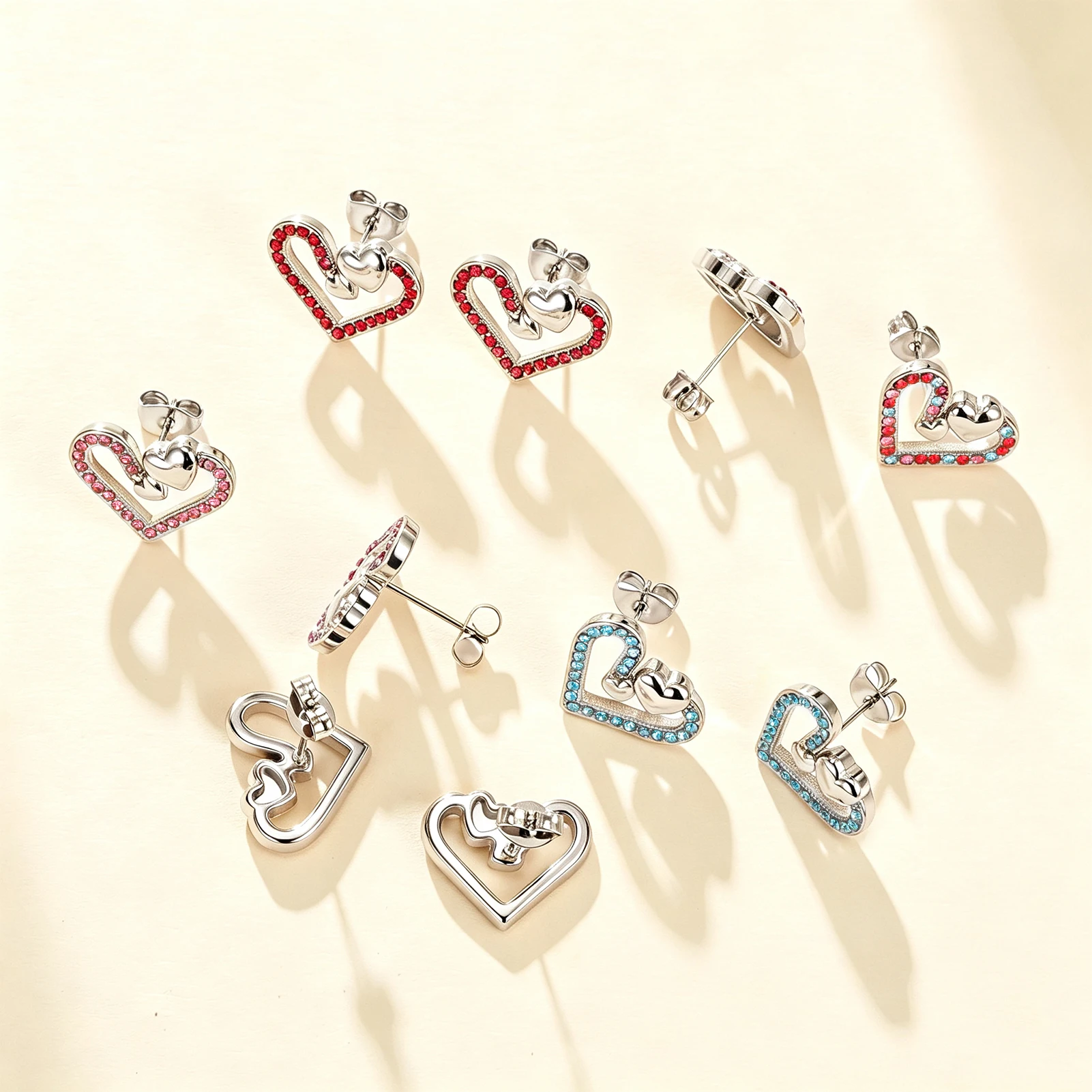 Eueavan Edelstahl Doppelherz Ohrstecker Strass Kristall Ohrringe Romantischer Schmuck für Frauen Party Valentinstag – Detail 3