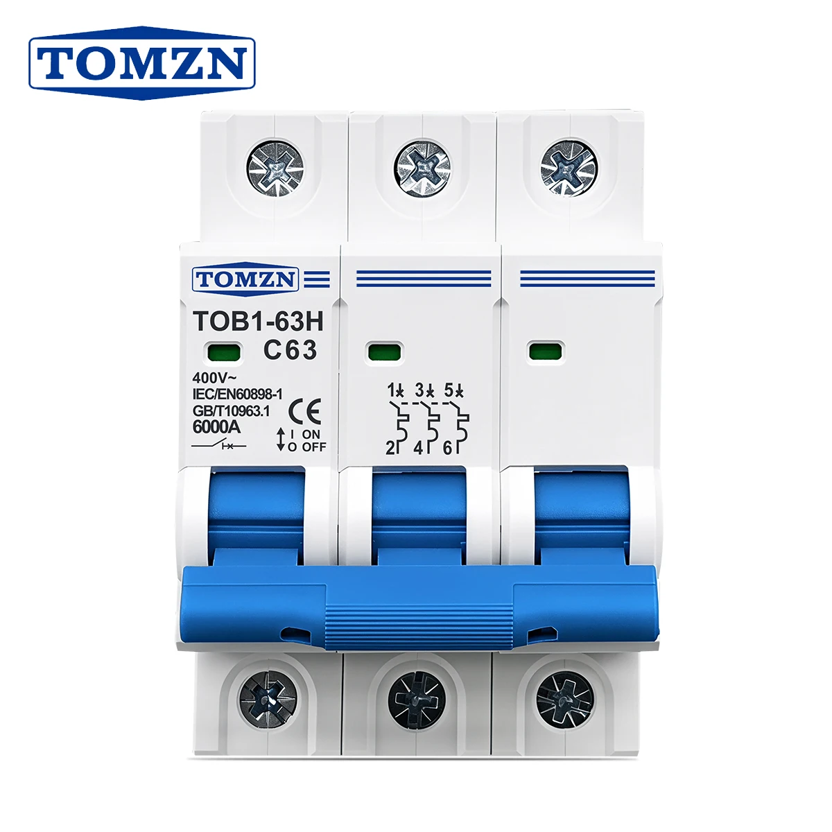 TOMZN 3P AC MCB TOB1-63H C Type 230/400V~ 50/60Hz Mini Circuit Breaker 3A 6A 10A 16A 20A 25A 32A 40A 50A 63A