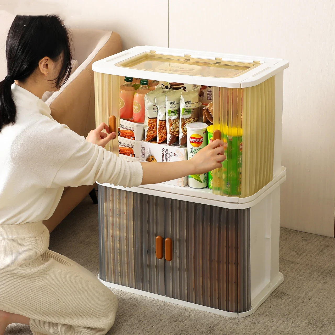 Boîte de rangement pliante transparente sans installation, armoire à obturateur roulant, grande capacité, adaptée aux vêtements et aux aliments