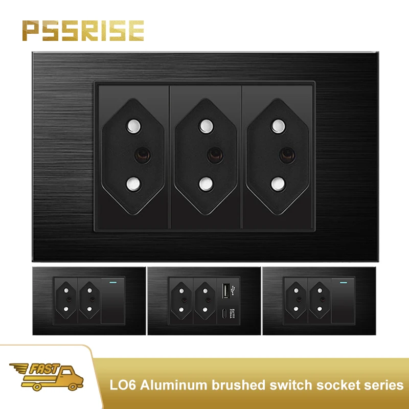 PSSRISE Brazil standard wall light switch DC 5V 2.1A USB Type c charger 20A Brazil aluminum brushed panel 118MM