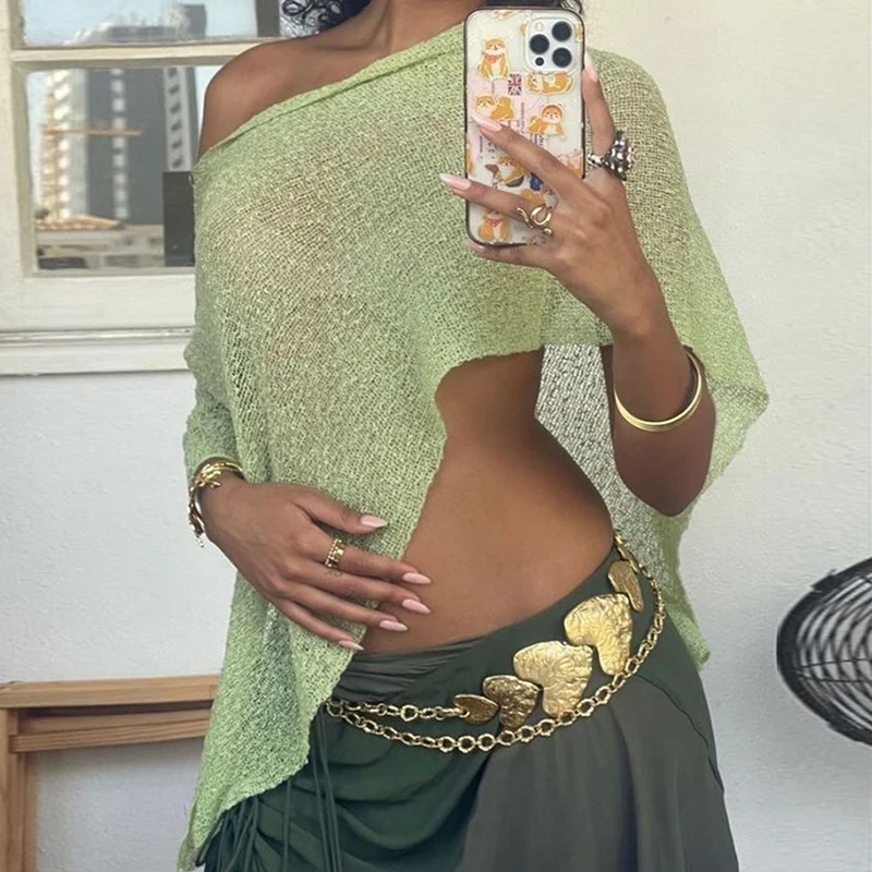 Boho Beach Vacation Cover-ups Irregular Knitted Crop Tops Y2k Vintage Smocked T-shirt Summer Going Out Pullovers Tees A5QR