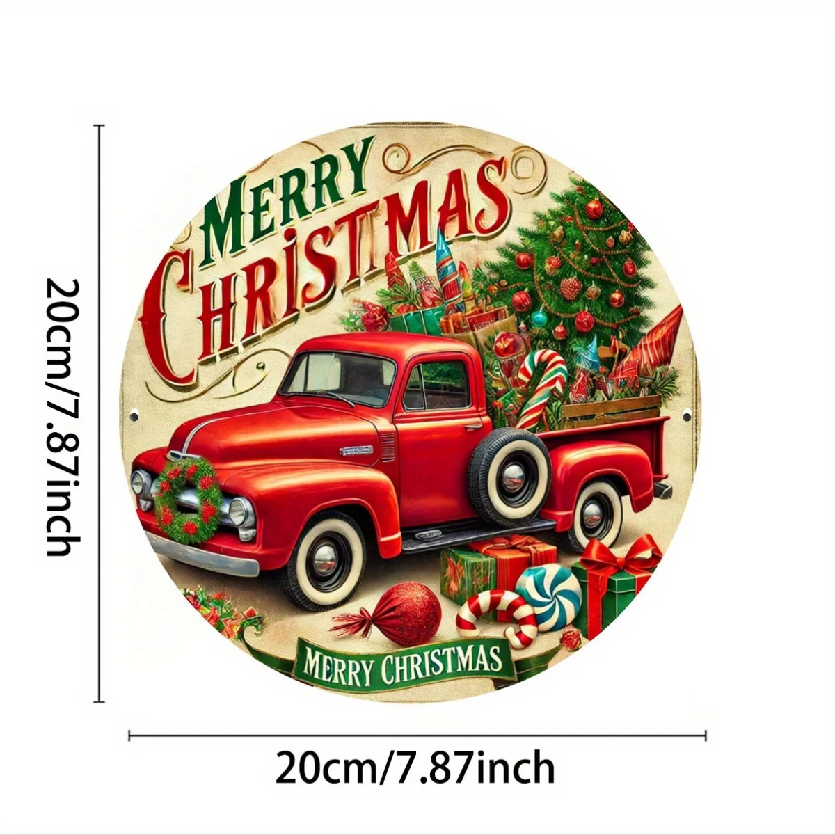 1pc, Rustic Christmas Pickup Truck Design, 20.32x20.32 cm Round Metal Tin Sign, Festive Wall Art for Home, Bar, Cafe, Club, Kitc