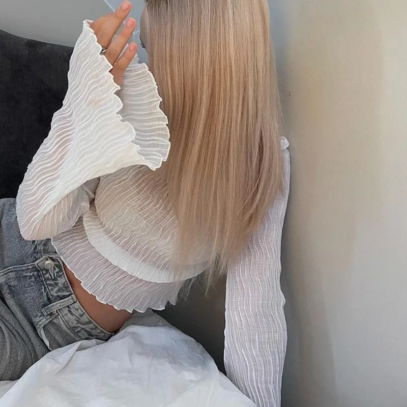 Sheer Turtleneck Flare Sleeve Top Women Summer Sexy See Through Long Sleeve White T-shirt Woman Fashion Slim Black Cropped Shirt