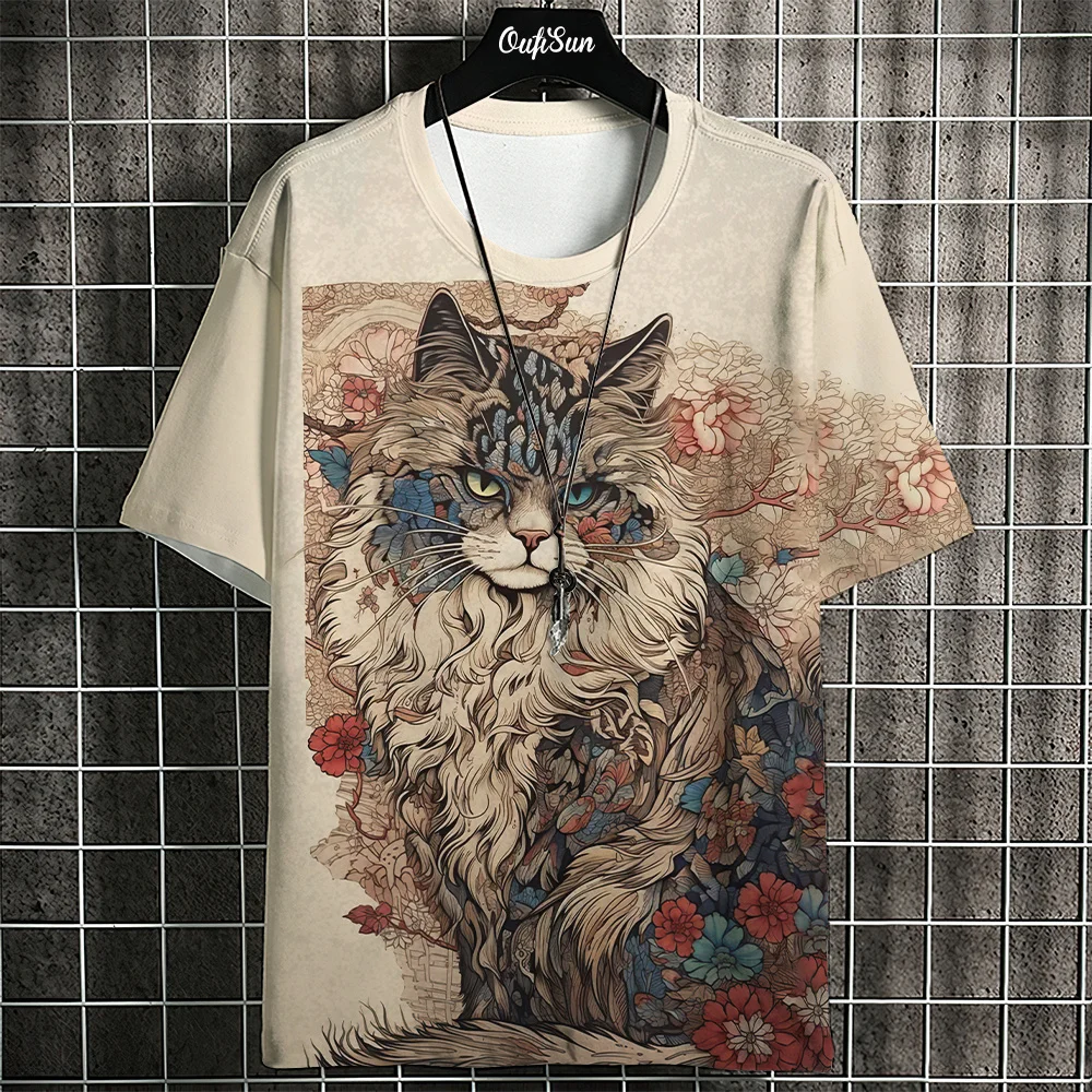 Samurai Cat T-Shirt For Men Summer Trendy Japanese Short Sleeve Tees Oversized Streetwear Casual Sweatshirt Male Clothing Tops