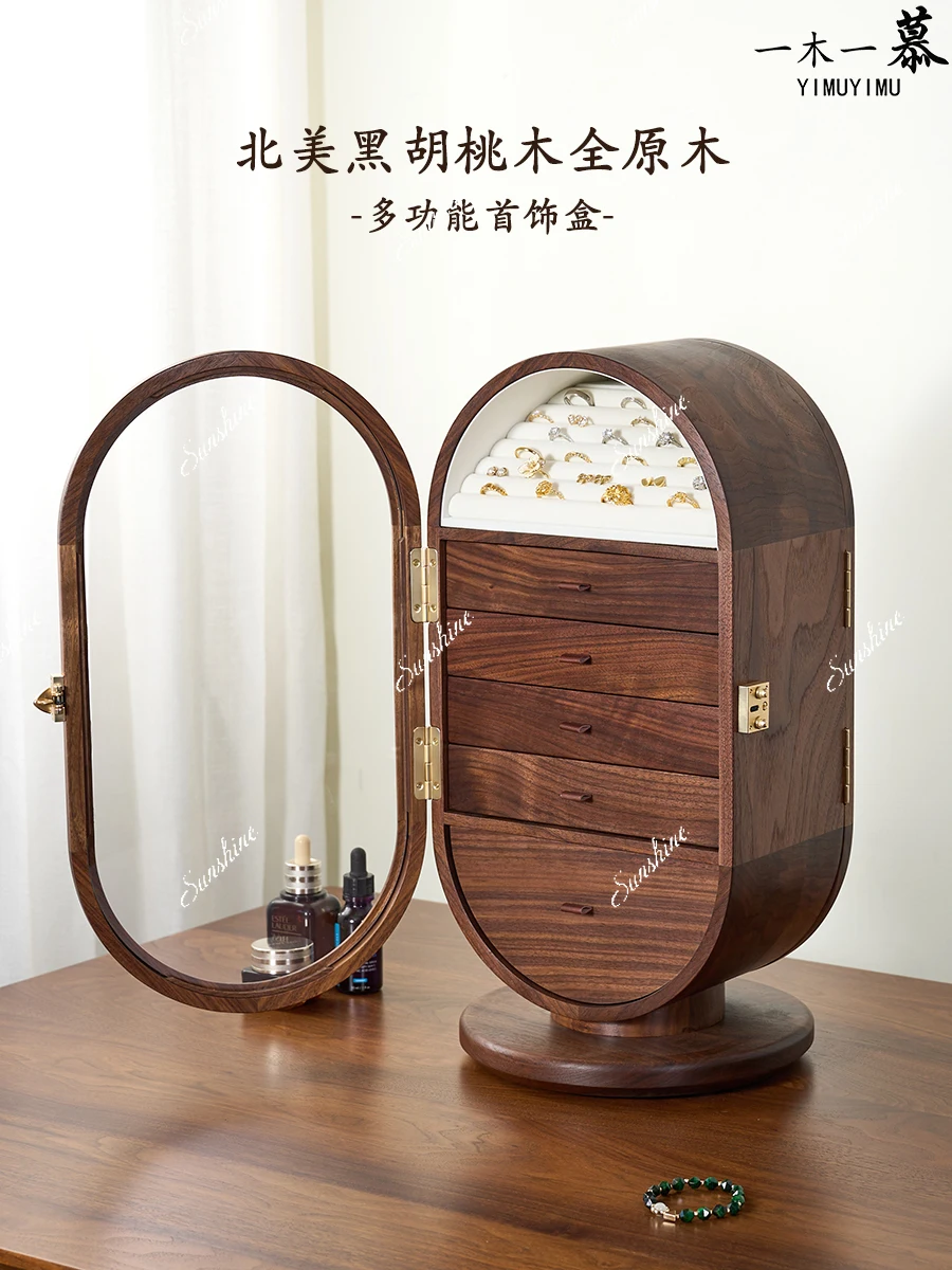 Black Walnut Multifunctional Jewelry Box with Dressing Mirror Ornament Jewelry Organizer Wedding Gift