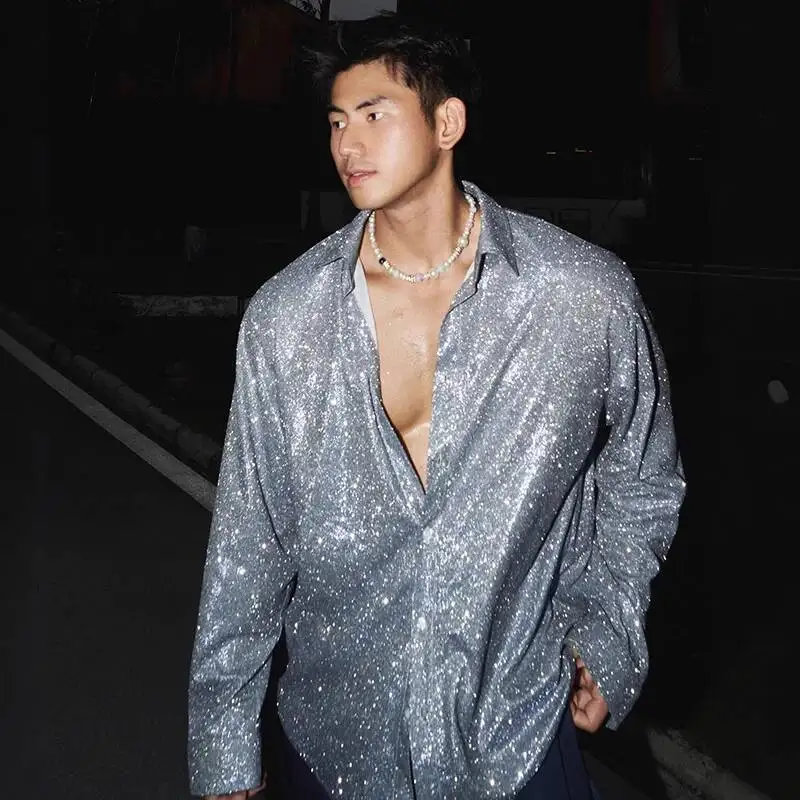 LUZHEN 2026 New Original Handsome Sequin Decorate Loose Casual Shirts Men's Fashion Night Club Outfit Long Sleeve Clothes JY7968