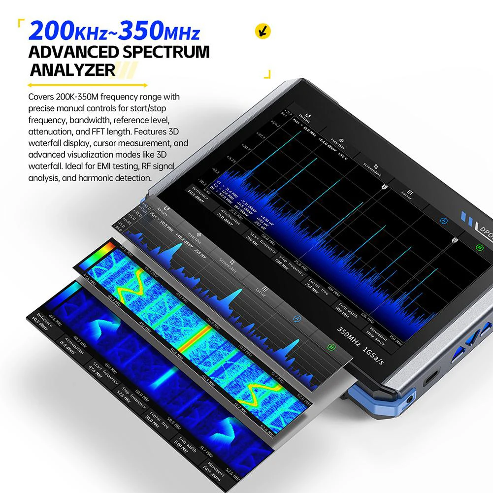 DPOS350P 4-in-1 Tablet Oscilloscope 2-channel 350MHz Signal Generator 50MHz, Spectrum Analyzer Frequency Response Analyzer