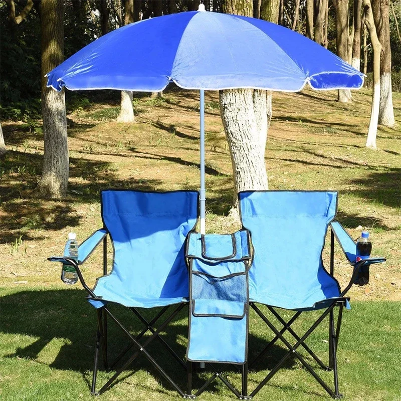 Silla de playa plegable portátil para Picnic, silla doble para acampar + mesa con sombrilla, mochila de pesca, sillas más frescas con sombrilla