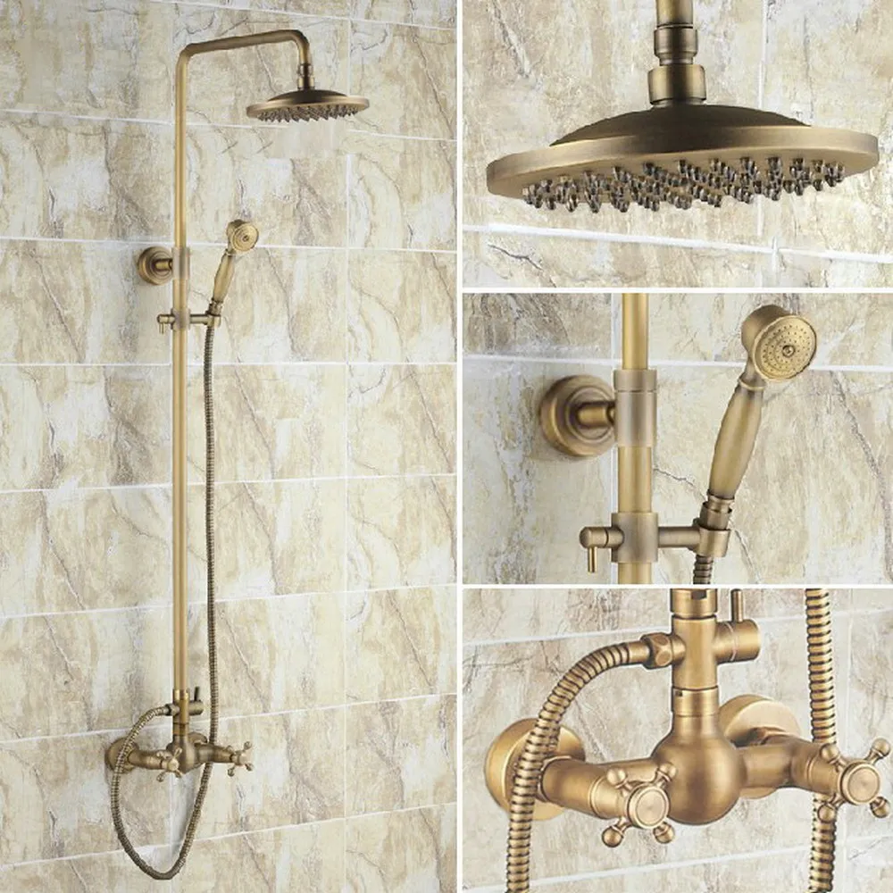 Vintage Retro Antique Brass Dual Cross Handles Bathroom 8 Inch Round Rain Shower Faucet Set Mixer Tap Hand Shower mrs008