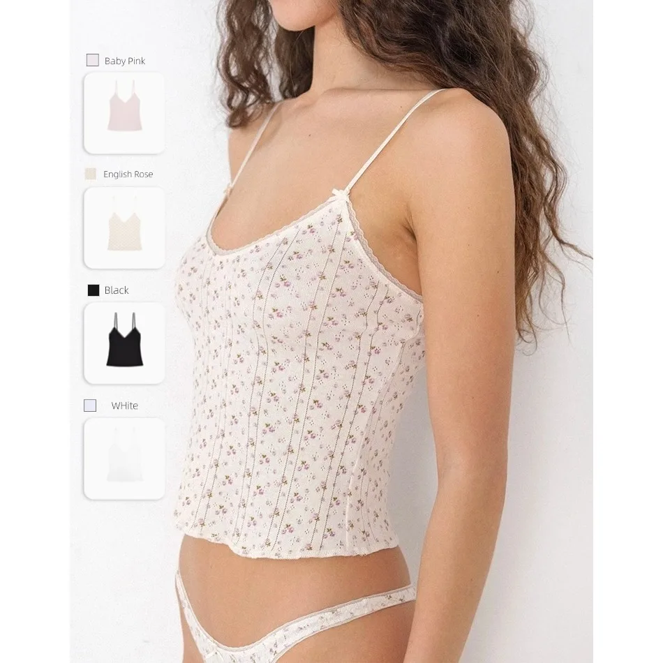 COU Floral Lace Bow Camisole, Comfortable and Relaxed Style, Black and White Pure Cotton Jacquard Top