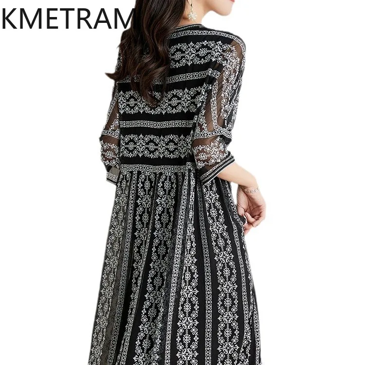 KMETRAM 100% Mulberry Silk Embroidery Dresses 2024 Women Summer Black Dress Korean Style Long Dresses Womans Clothing Vestidos