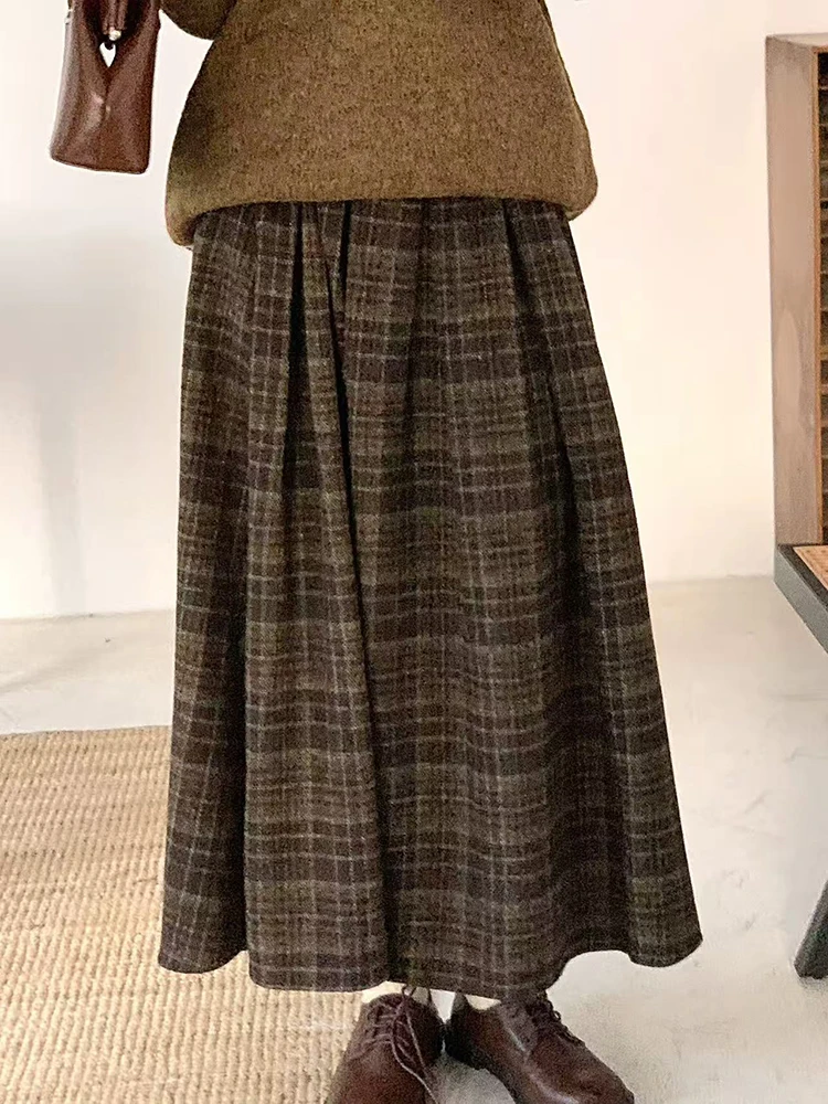 

Винтажная клетчатая юбка из искусственной шерсти для женщин, осень-зима, корейская шикарная универсальная юбка-миди, Y2K, повседневная юбка трапециевидной формы с высокой талией