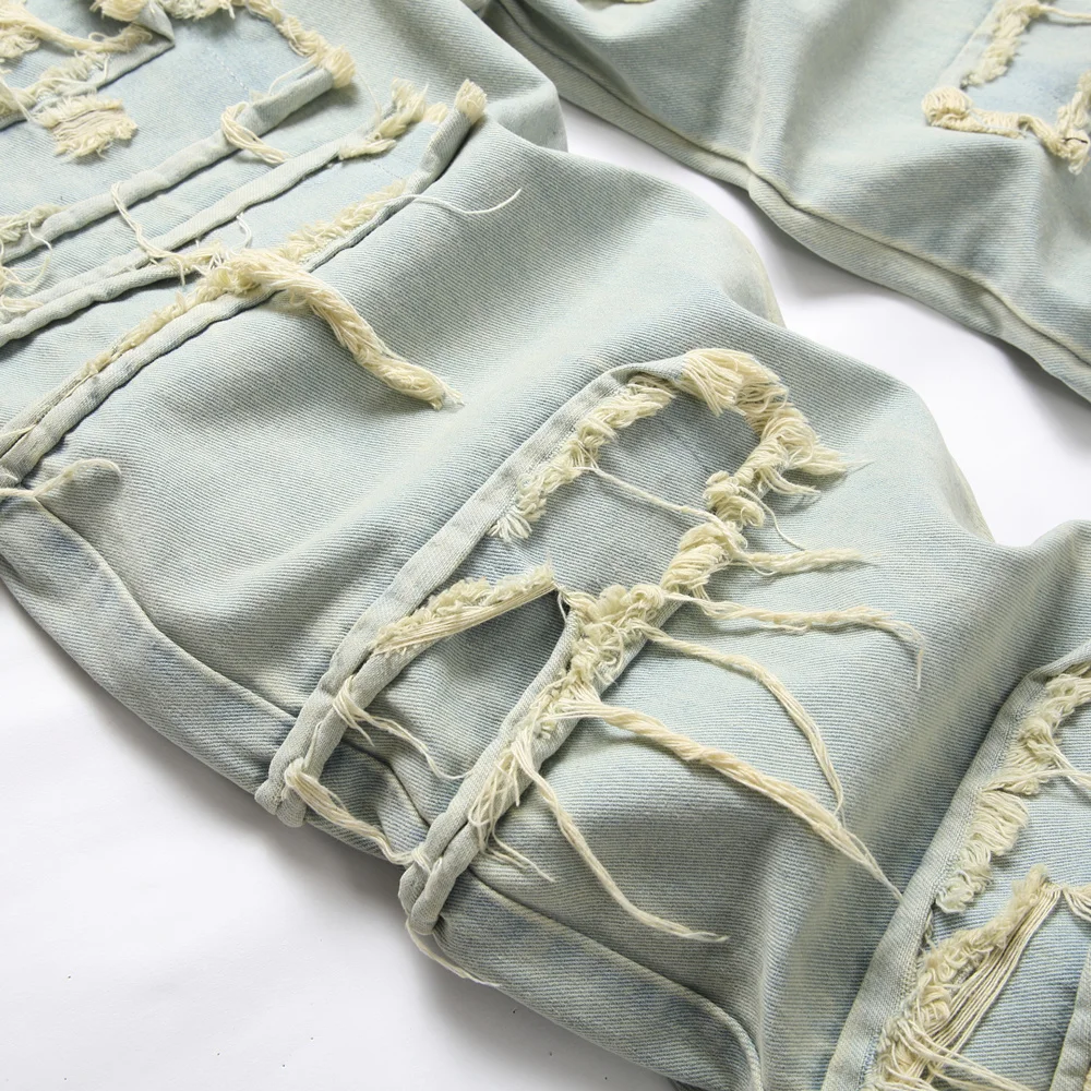 남성용 세련된 찢어진 패치 스플라이싱 오토바이 바이커 청바지 바지, 레트로 스타일, 좋은 품질, 남성 루즈 스트레이트 데님 바지