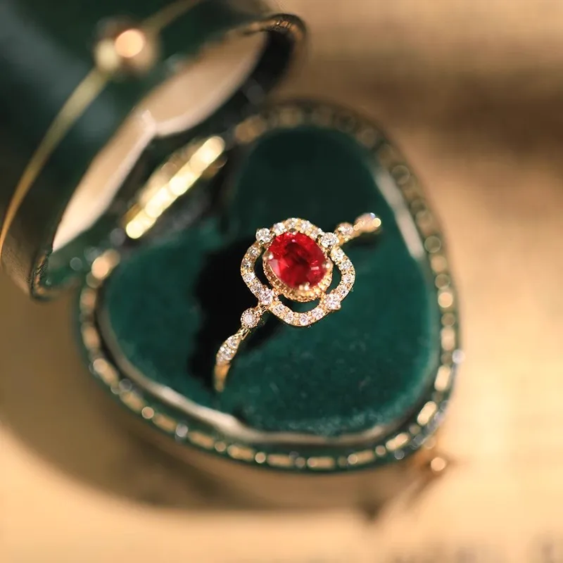 Vintage Micro inlay Diamonds Elliptical Ruby rings for women Light Luxury High End Hollow out Square Ring Wedding Jewelry Gift