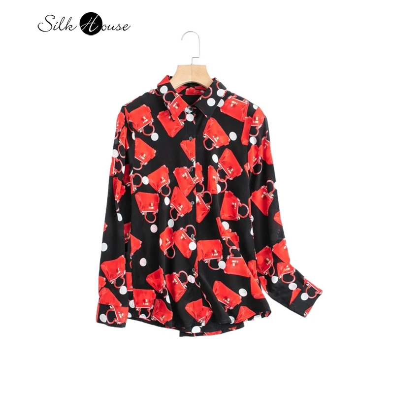 2024 Early Autumn New 100% Natural Mulberry Silk Double Crepe Collar Printed OL Style Versatile Casual Women's Long Sleeve Shirt