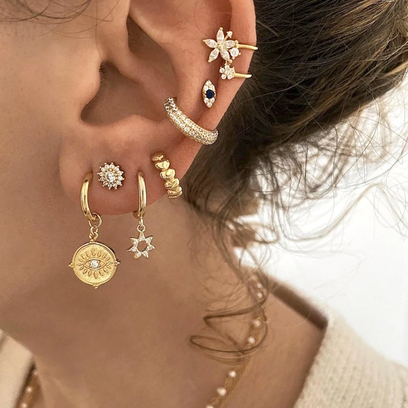 925 Sterling Silver Ear Needle Fashion Round Pendant Earrings Vintage Eye Geometric Zircon Earrings for Women Fine Jewelry Gift